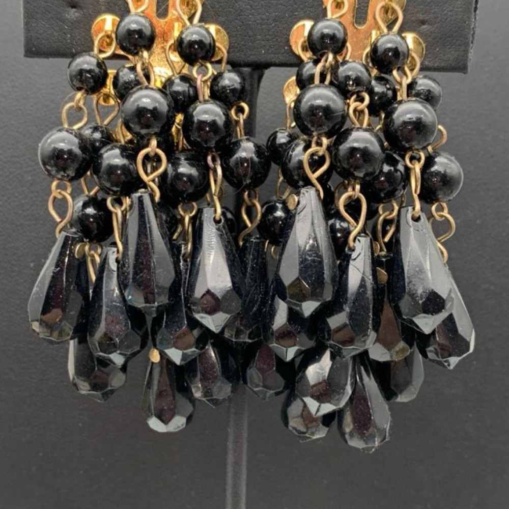 Vintage black beaded cha cha waterfall dangle clip on earrings